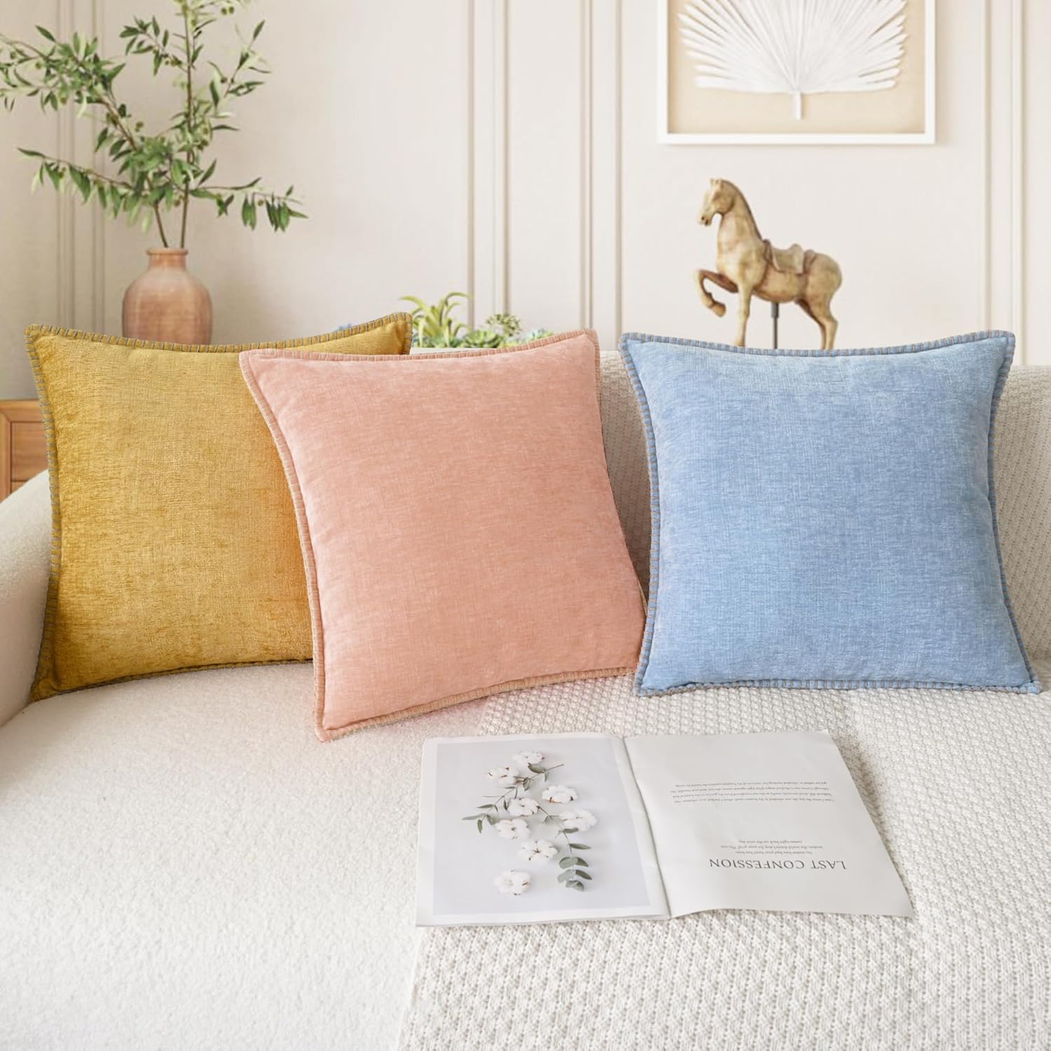 CaliTime Throw Pillow Covers Decorative 18 X 18 Inches Pack of 2 Cotton Thread Stitching Edges Solid Dyed Soft Chenille Cushion Cases for Couch Sofa Bed Living Room Farmhouse Gold