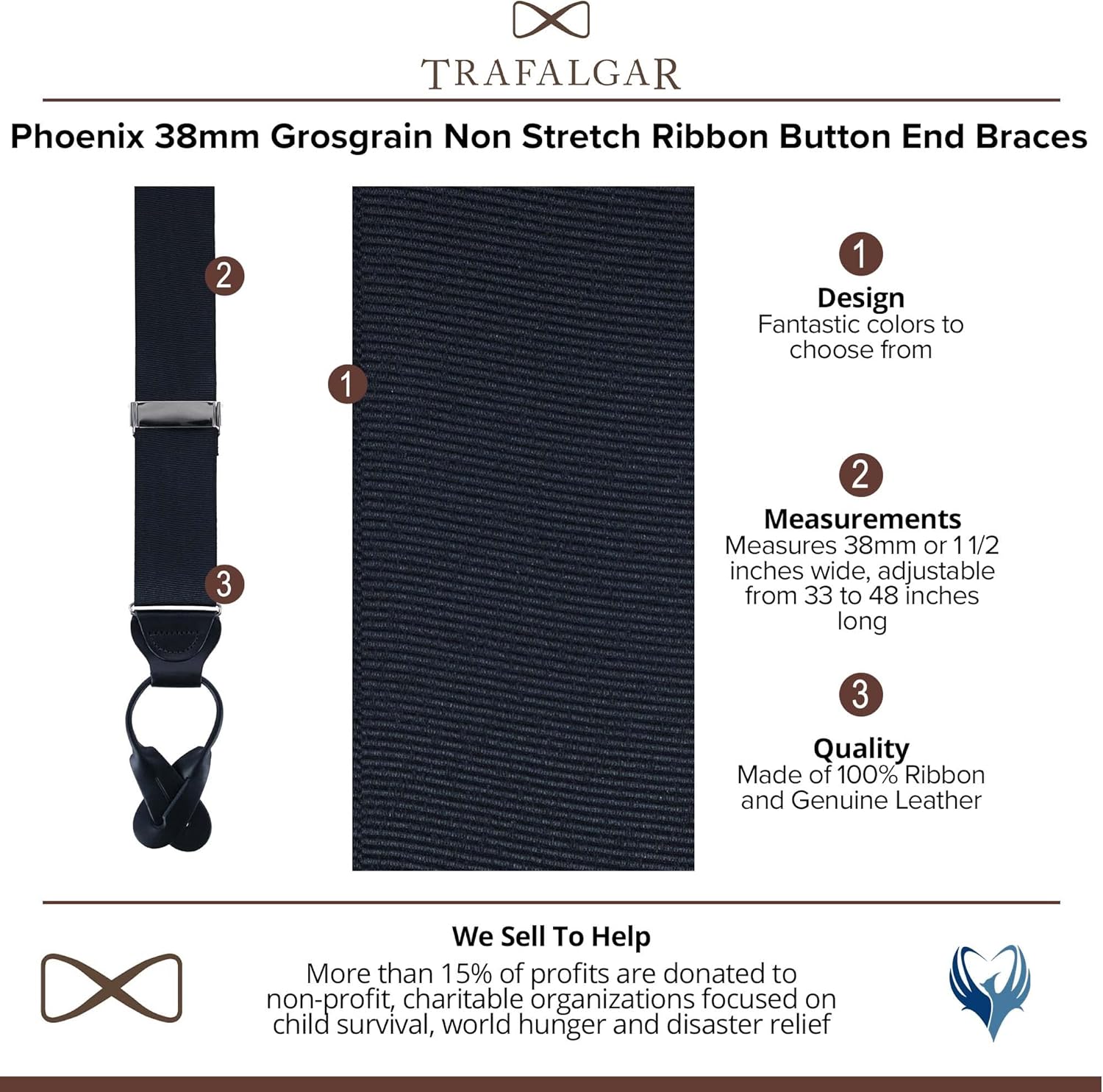 Trafalgar Men's Phoenix 38mm Grosgrain Non Stretch Ribbon Button End Braces (Suspenders)