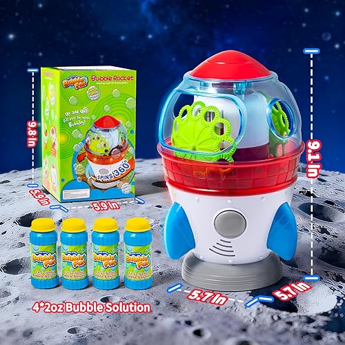 Miniatura 6 de Máquina de burbujas en forma de cohete para niños y mascotas, salidas de burbujas duales potentes, rotación automática de 360, luces LED ajustables