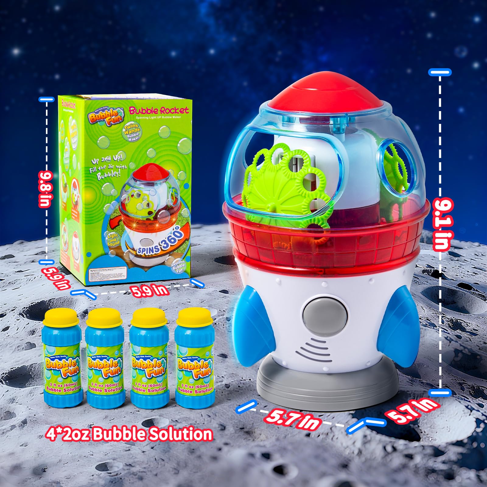 Elektrische Seifenblasenmaschine Rocket Blasenmacher 10000+ Bubbles/Min mit Lichtern Musik für Kinder
