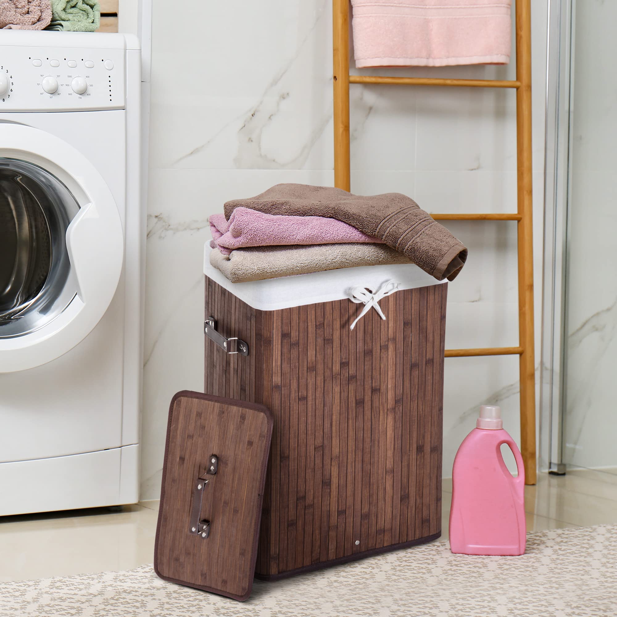 HOMCOM Cesto de Ropa Sucia Plegable con Tapa 67L, Cesta Ropa Sucia de Bambú, 2 Compartimentos, Bolsa Extraíble, para Dormitorio, Baño, Lavandería, 40x30x60 cm, Marrón