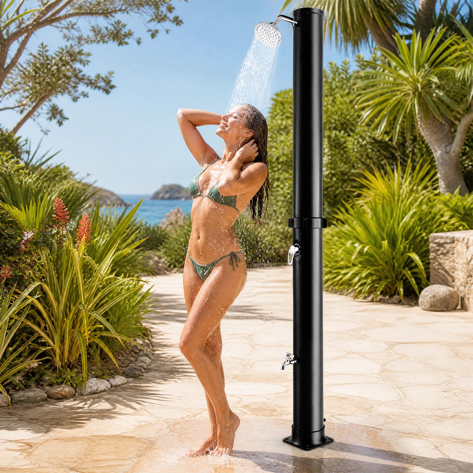 Goplus Douche d'extérieur chauffante à énergie solaire de 36 litres, douche autoportante de 2,3 m avec pommeau de douche rotatif, réglage de la température et douchette de pied, pour jardin, plage,