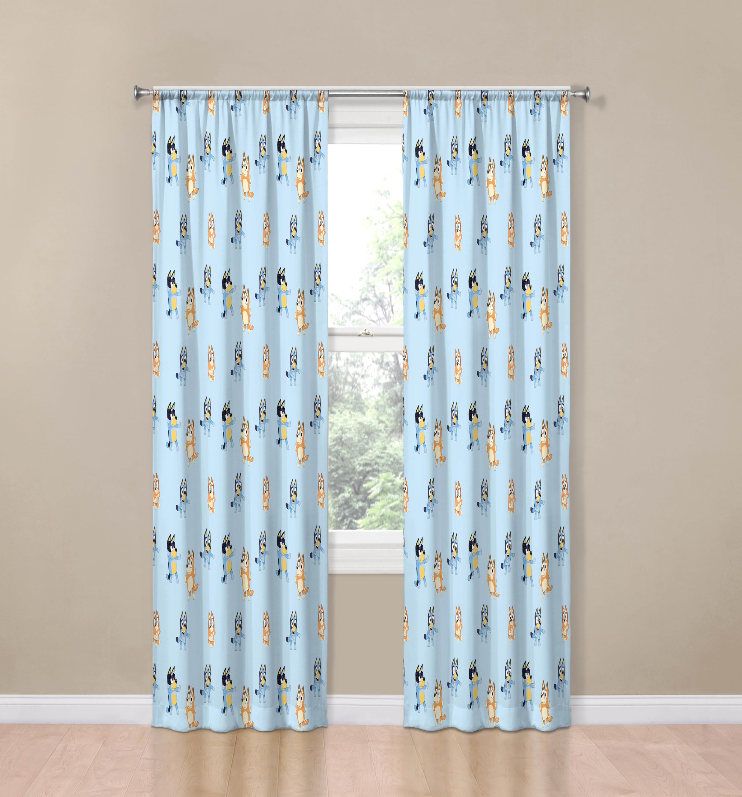 Jay Franco Black Out Window Curtains for Kids Bedroom 4-Piece Drape Set with 2 Tiebacks, Blue - Bluey, 42