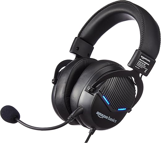 Amazon Basics USB Gaming Wired On-Ear Headphones with Detachable Mic, with Blue LED, Windows Software, Simulated 7.1 Surround Sound, 2.4 Meter…