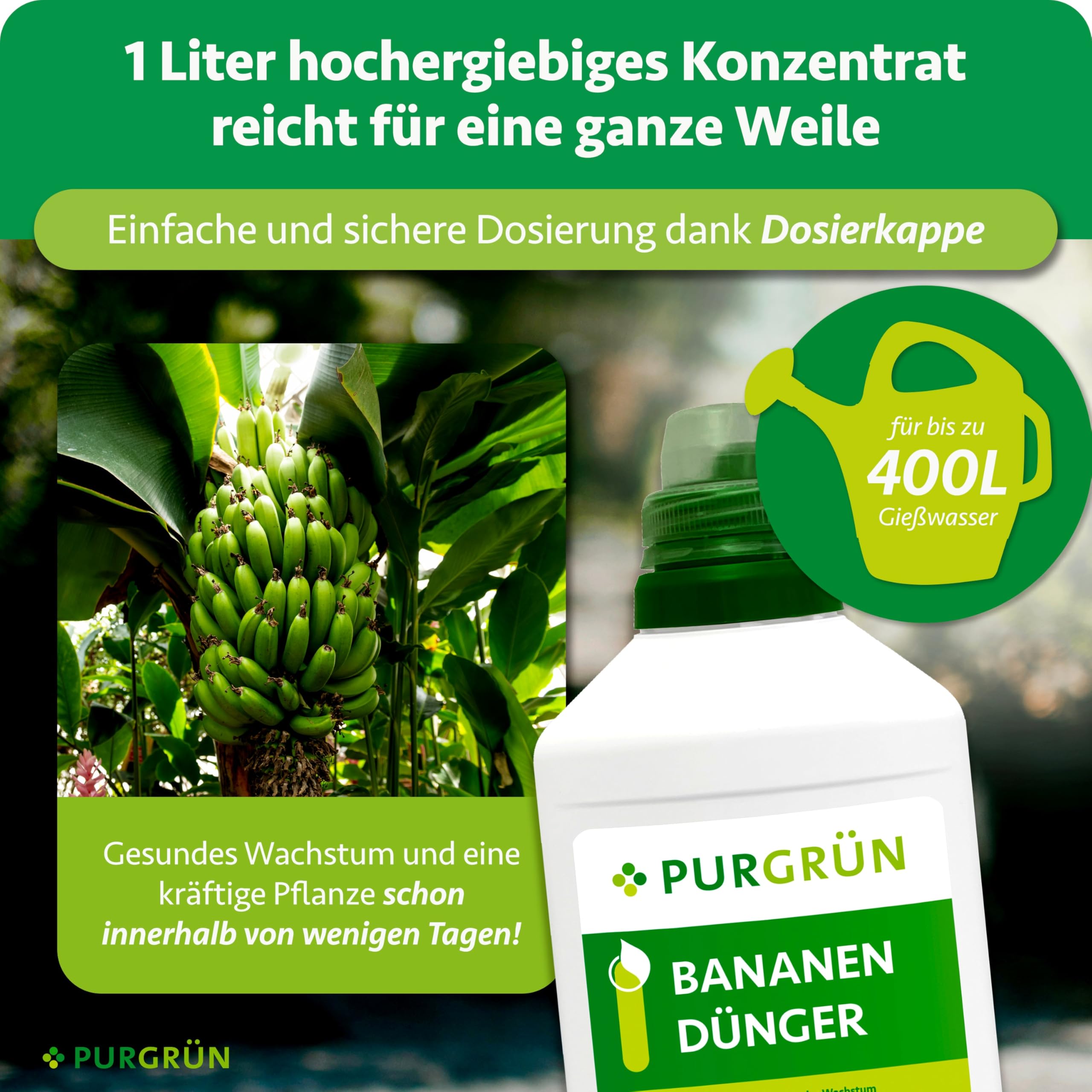 Bananen-Dünger 1 Liter – Extra Stickstoff für schnelles Wachstum – Spurennährstoffe für intensive Blattfärbung – Ergiebiges Konzentrat für bis zu 400 Liter Gießwasser – Profi-Flüssigdünger