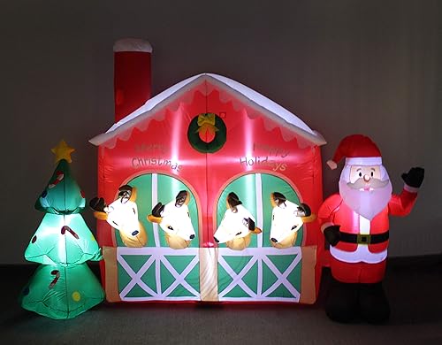 Miniatura 4 de Reno inflable de Papá Noel de 9 pies de largo en establo con árbol de Navidad, lindas luces iluminadas, decoración de fiesta para exteriores,