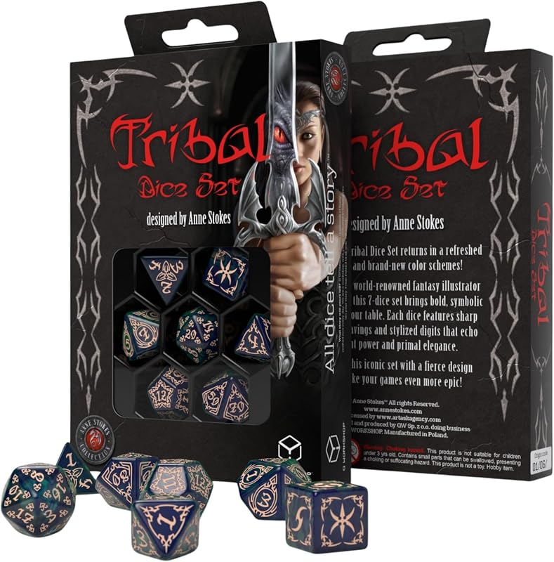 Anne Stokes Tribal Dice Set, Blue-Green & Beige | Q Workshop 7 Polyhedral RPG Dice, Official Licensed Fantasy