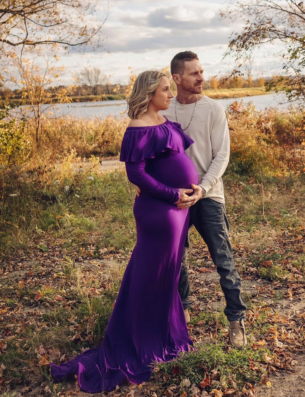 JustVH Maternity Fitted Elegant Gown Long Sleeve Off Shoulder Ruffles Maxi Photography Dress for Photoshoot - Image 4
