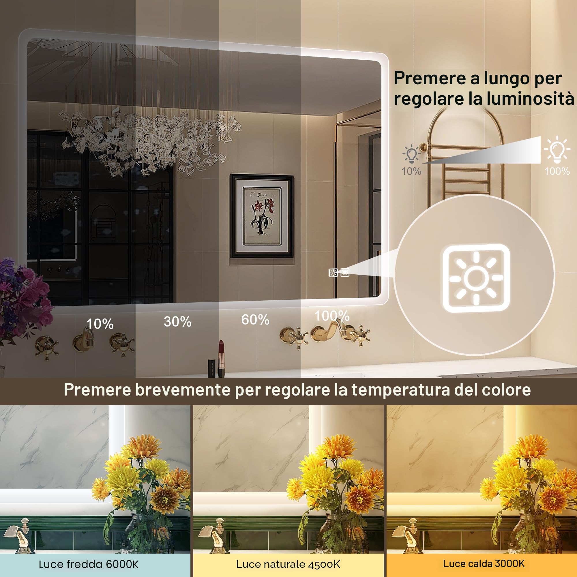 STARLEAD Specchio-Bagno-con-Luce 100x70 cm, Specchio-Bagno-LED con Antifog, 3 Colori Luce, Dimmerabile, IP44 Vetro Temperato HD Specchiera-Bagno, Funzione Memoria, Orizzontale/Verticale