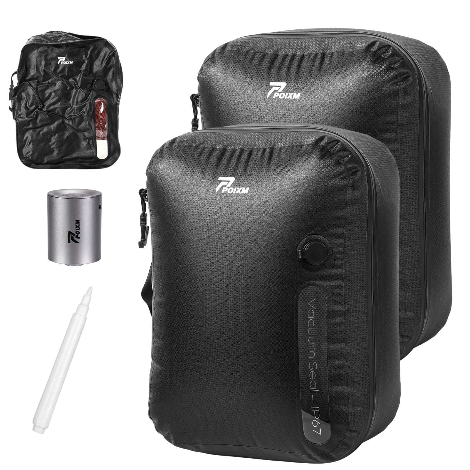 POIXM Vacuum Bags for Travel with Wireless Pump, 180° Open Zipper, IP67 Waterproof, Reusable Space Saver Compression Bags for Backpack, Suitcase, Home Storage(2 Pack + Pump)