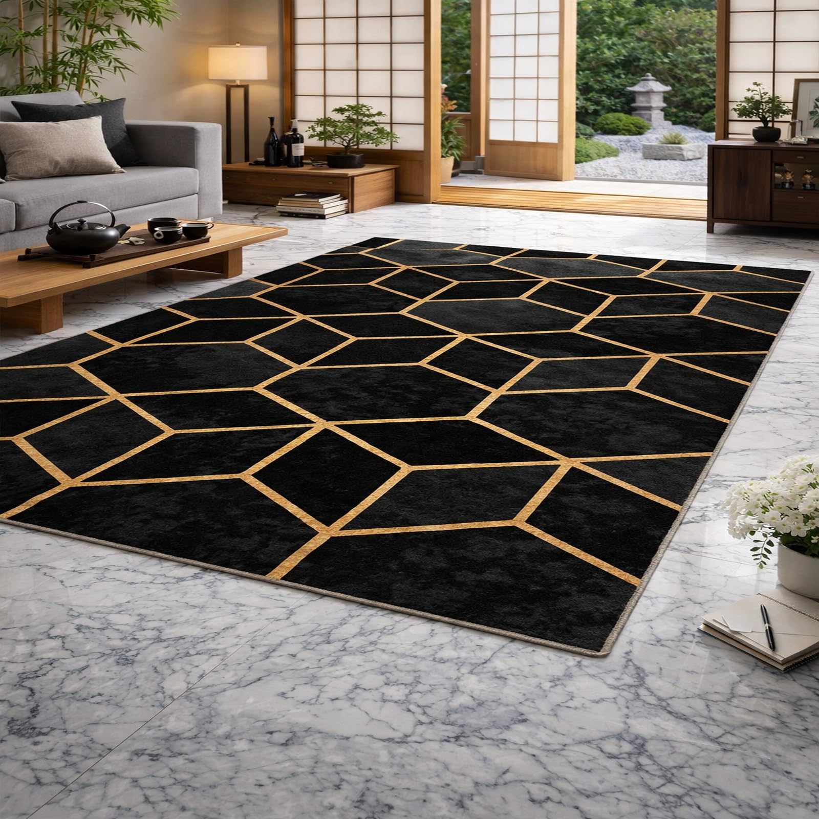 Alfombras lavables de pelo corto Rururug, alfombra geométrica dorada moderna de interior