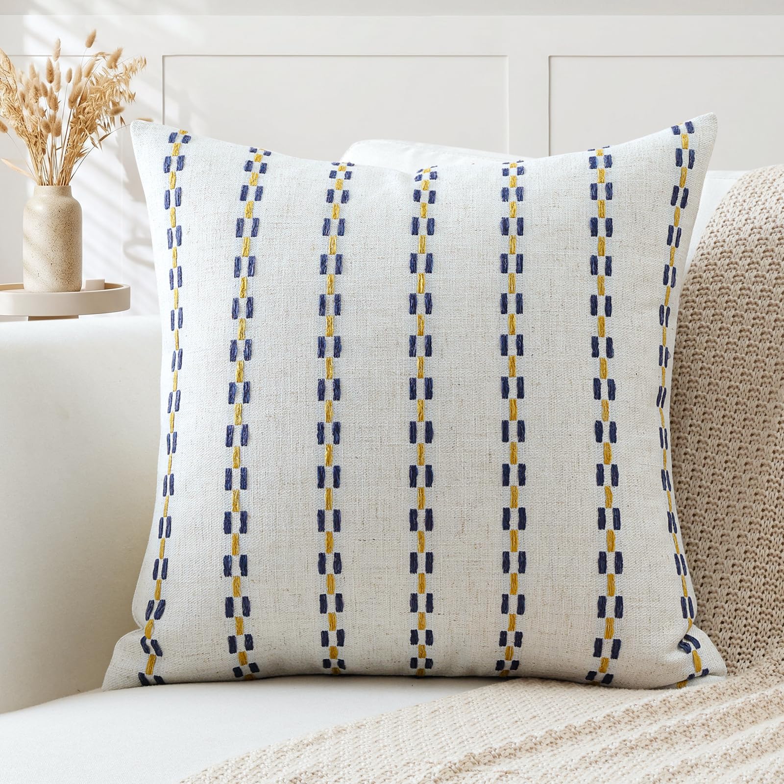 Artscope Pack of 1 Striped Geometric Cushion Cover 40x40cm Soft Square Pillowcase Decorative Farmhouse Accent Couch Throw Pillow Cover for Living Room Bedroom Blue + Yellow โ image 1