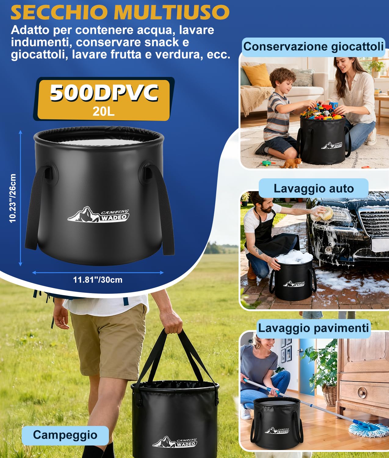 WADEO Doccia da Campeggio, [Secchio da 20L] Batteria Ricaricabile, Doccia Portatile per Spiaggia, Animali, Auto, Giardino