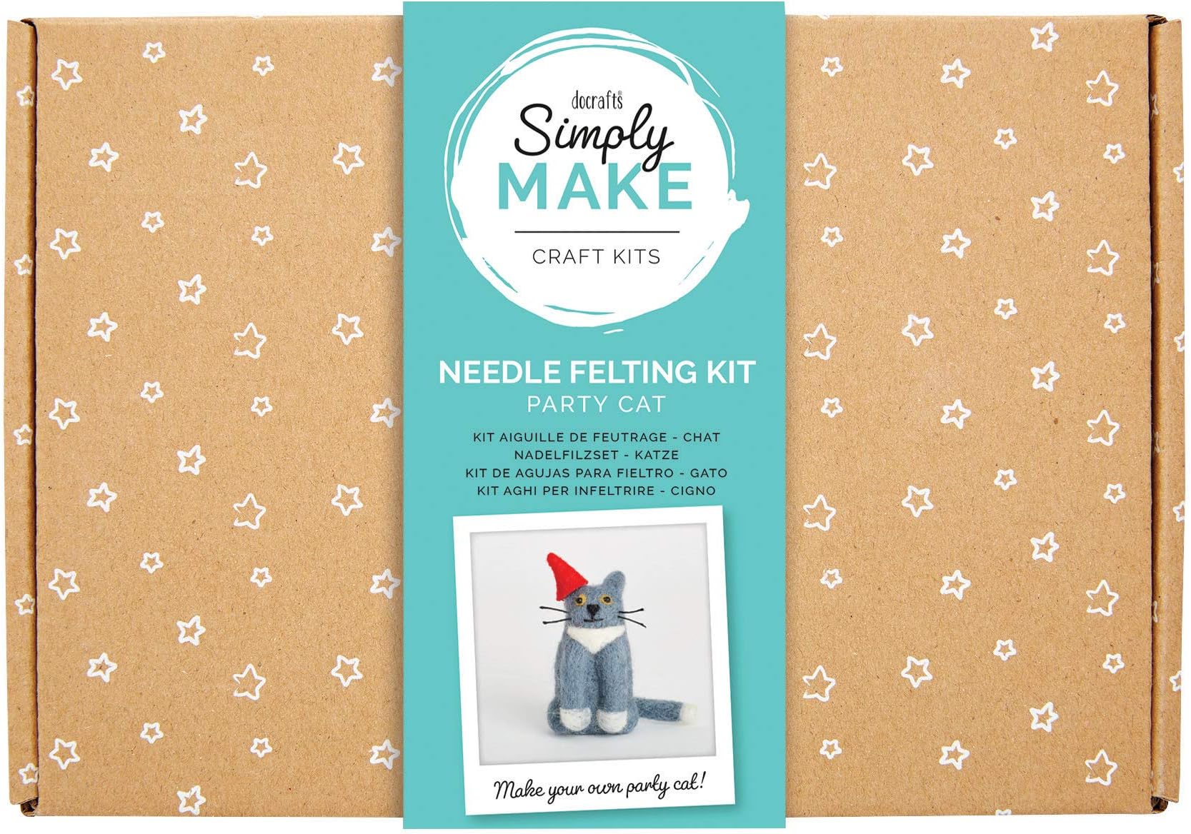 Simply Make Needle Felting Kit - Party Cat Design for Kids and Adults, Including Wool, Needles, and All Tools, Perfect for Adult Crafts and Beginners - Needle Felting Art & Craft Kit
