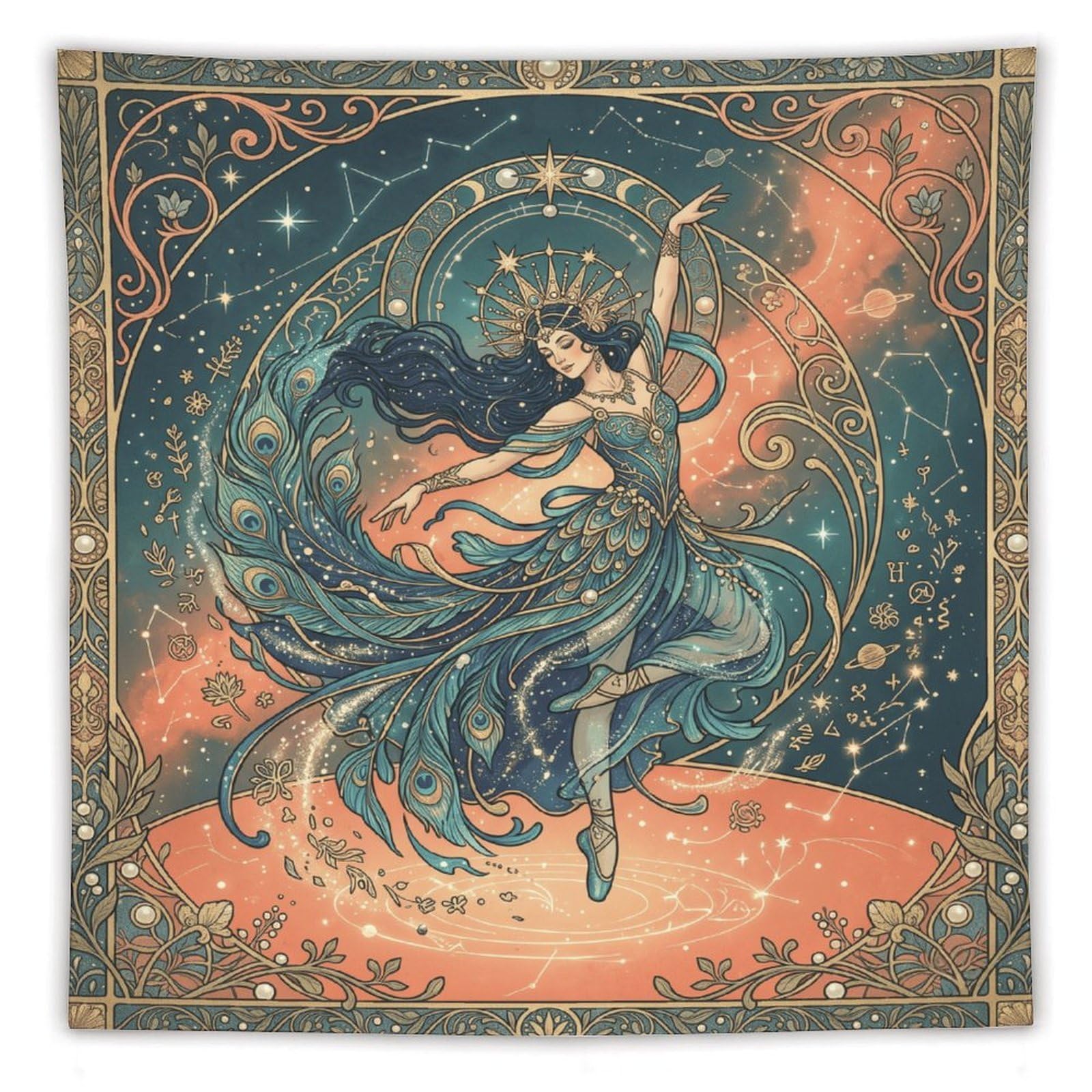 W7C8U2X3 Peacock Dancer Vintage Wall Tapestry, Detailed Illustration