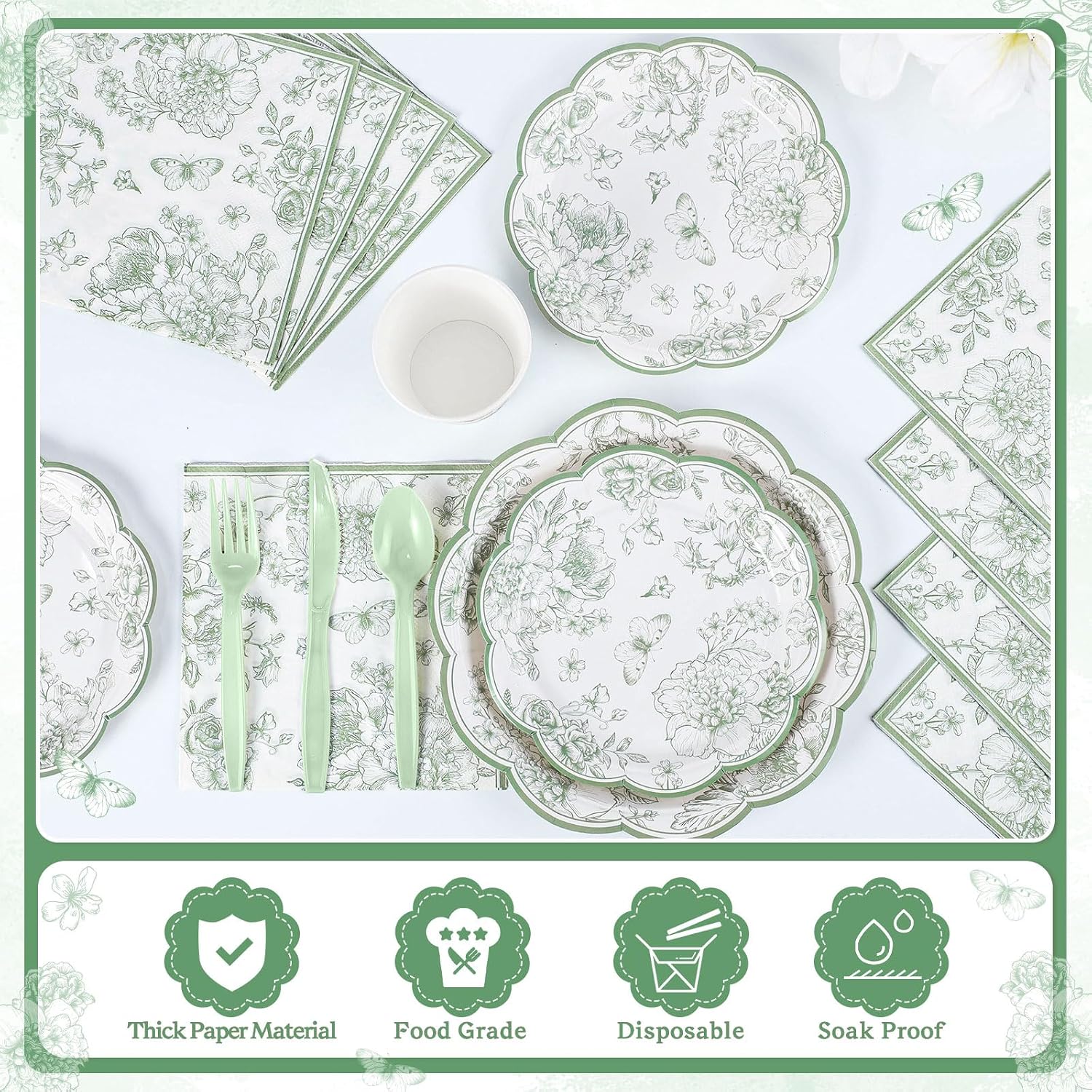 NatNarr 175 Pcs Sage Green Floral Plates and Napkins 25 Guest Scalloped Toile Chinoiserie Party Supplies Includes Floral Plates Napkins Cups Plastic Cutlery for Wedding, Bridal&Baby Shower, Tea Party