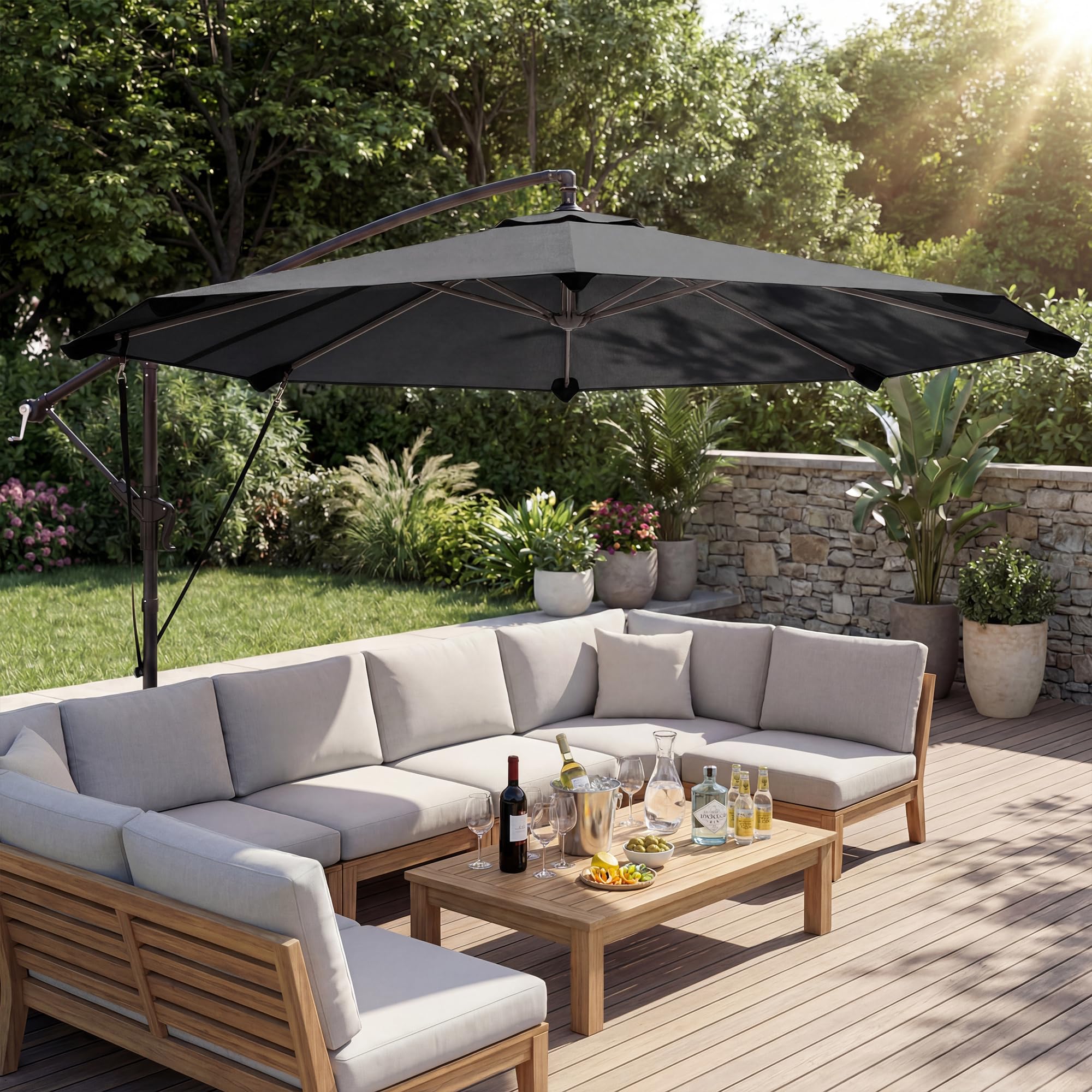 Outsunny Ampelschirm ca. Ø300 cm Neigbar Sonnenschirm mit Kurbel Kreuzfuß Windseilen Schutzhülle, UV-Schutz Wasserabweisend Gartenschirm Marktschirm Kurbelschirm