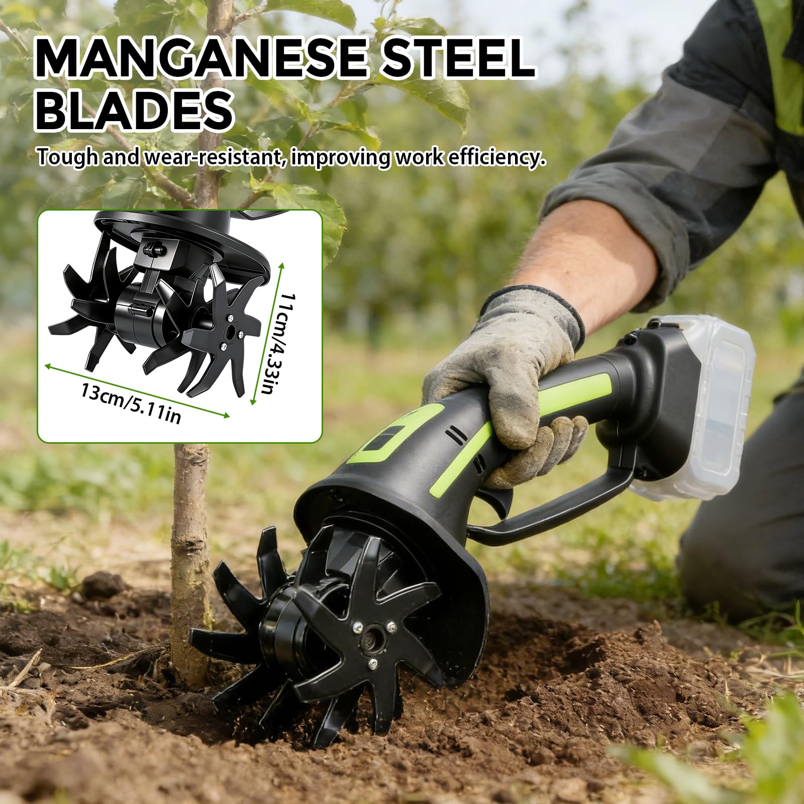 Akku-Bodenhacke kompatibel mit Makita Akku 21V, 2 in 1 Elektro-Bodenhacke für Garten und Rasen mit 10 cm Arbeitstiefe, 10cm Arbeitsbreite (Batterie Nicht enthalten)