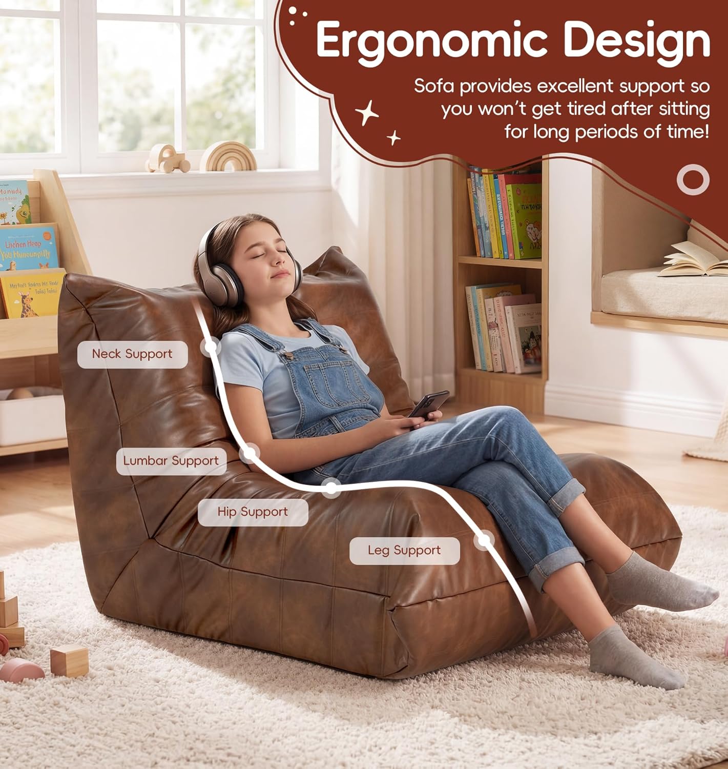 Hobestluk Bean Bag Chair for Teens Toddler Bean Bag Chair with Memory Foam Filler Leather Beanbag with Spacious Design Bean Bag Couch for Reading Gaming Relaxing (Brown, Medium)