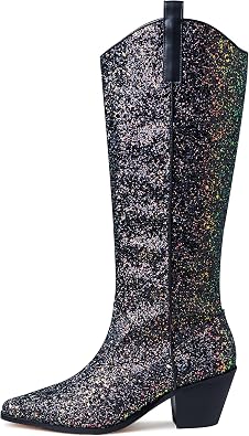 AMINUGAL Womens New Fashionable Cowboy Boots Sparkly Knee High Boot Rhinestone Pointed Toe Side Zipper Chunky Heel Pull On Glitter Boots Cowgirl Booties
