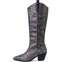AMINUGAL Womens New Fashionable Cowboy Boots Sparkly Knee High Boot Rhinestone Pointed Toe Side Zipper Chunky Heel Pull On Glitter Boots Cowgirl Booties