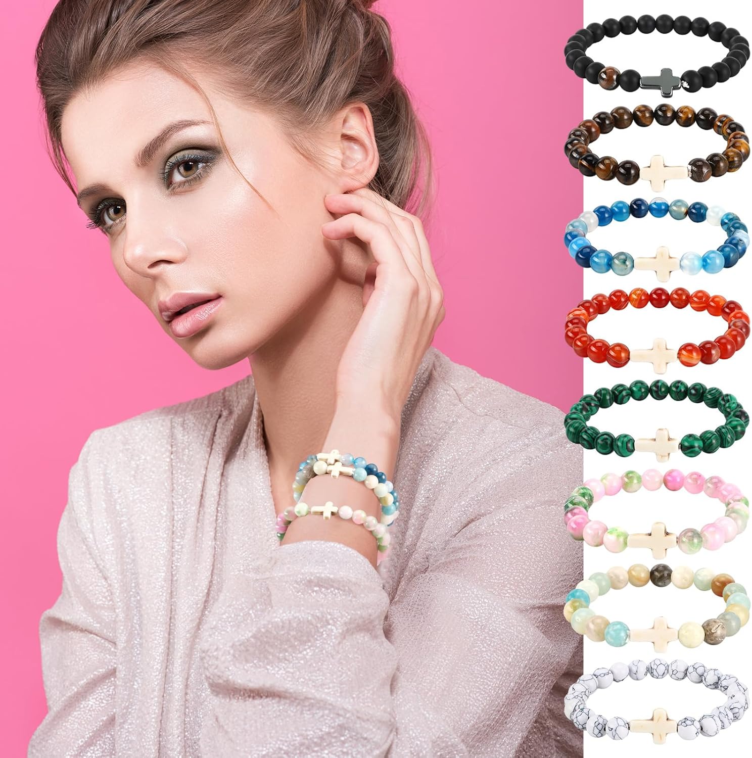8 Set Christian Gifts Friendship Cross Bracelets for Women with Bible Verse Prayers Card Natural Stone Beaded Inspirational Natural Heart Religious Bracelets for Baptism BFF Lucky Gifts - Image 4