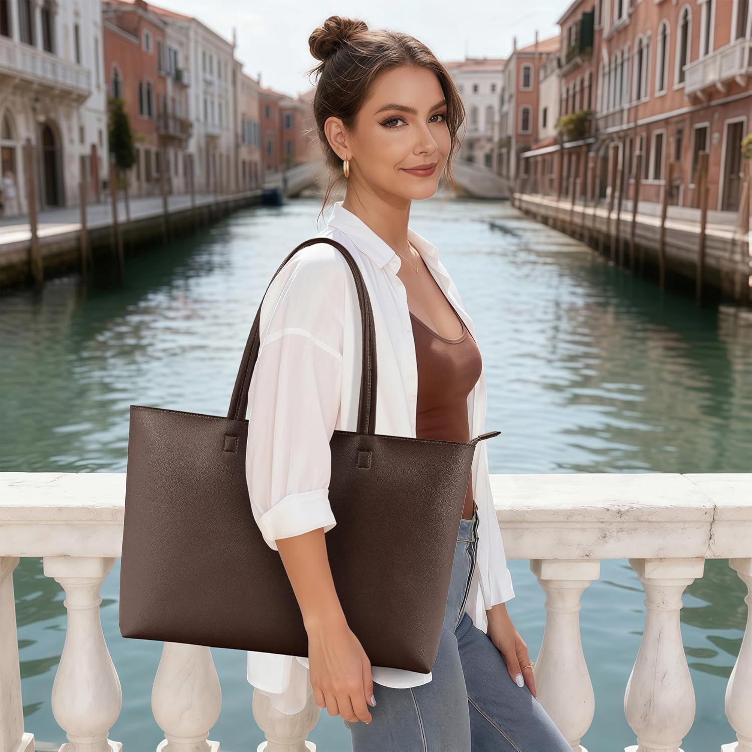 KALIDI Tote Bag Zipper Shoulder Bag Faux Leather Purses Satchel for Women Casual Handbag Work Dating College