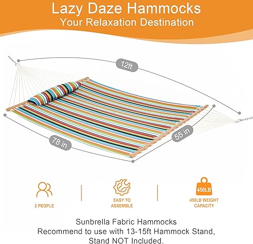 Miniatura 3 de Lazy Daze - Hamaca de tela Sunbrella de 12 pies con barras esparcidoras y almohada gratuita para dos personas, resistente a todo clima y a la