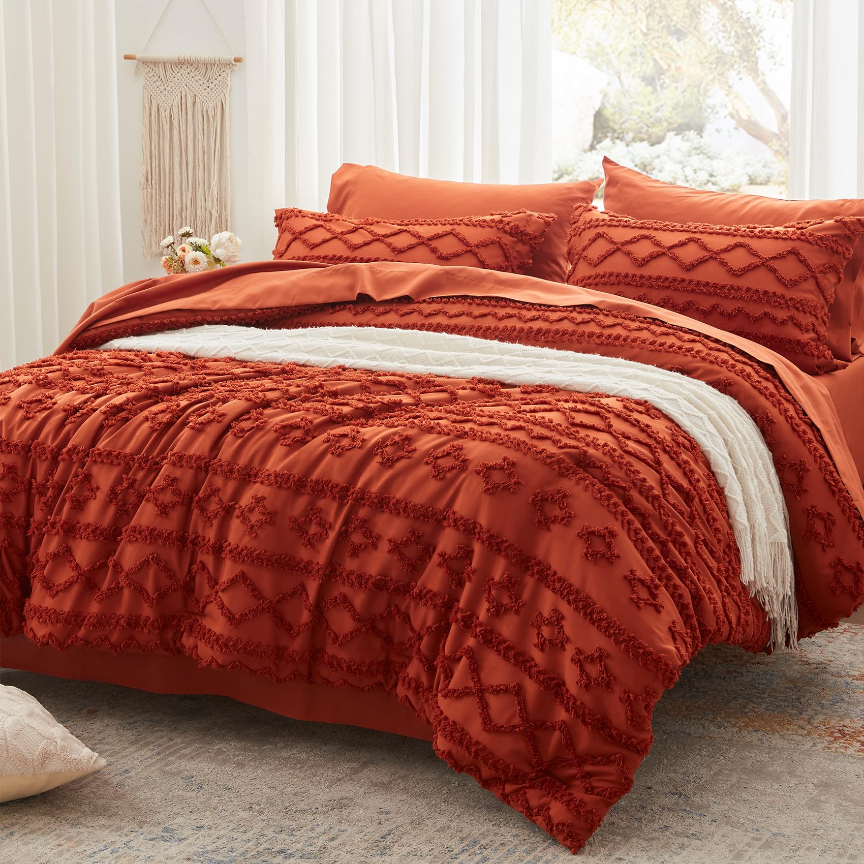 Anluoer Queen Comforter Set 7 Pieces, Burnt Orange Tufted Bed in a Bag with comforters and Sheets, All Season Bedding Sets with 1 Comforter, 2 PillowShams, 2 Pillowcases, 1 Flat Sheet, 1 Fitted Sheet