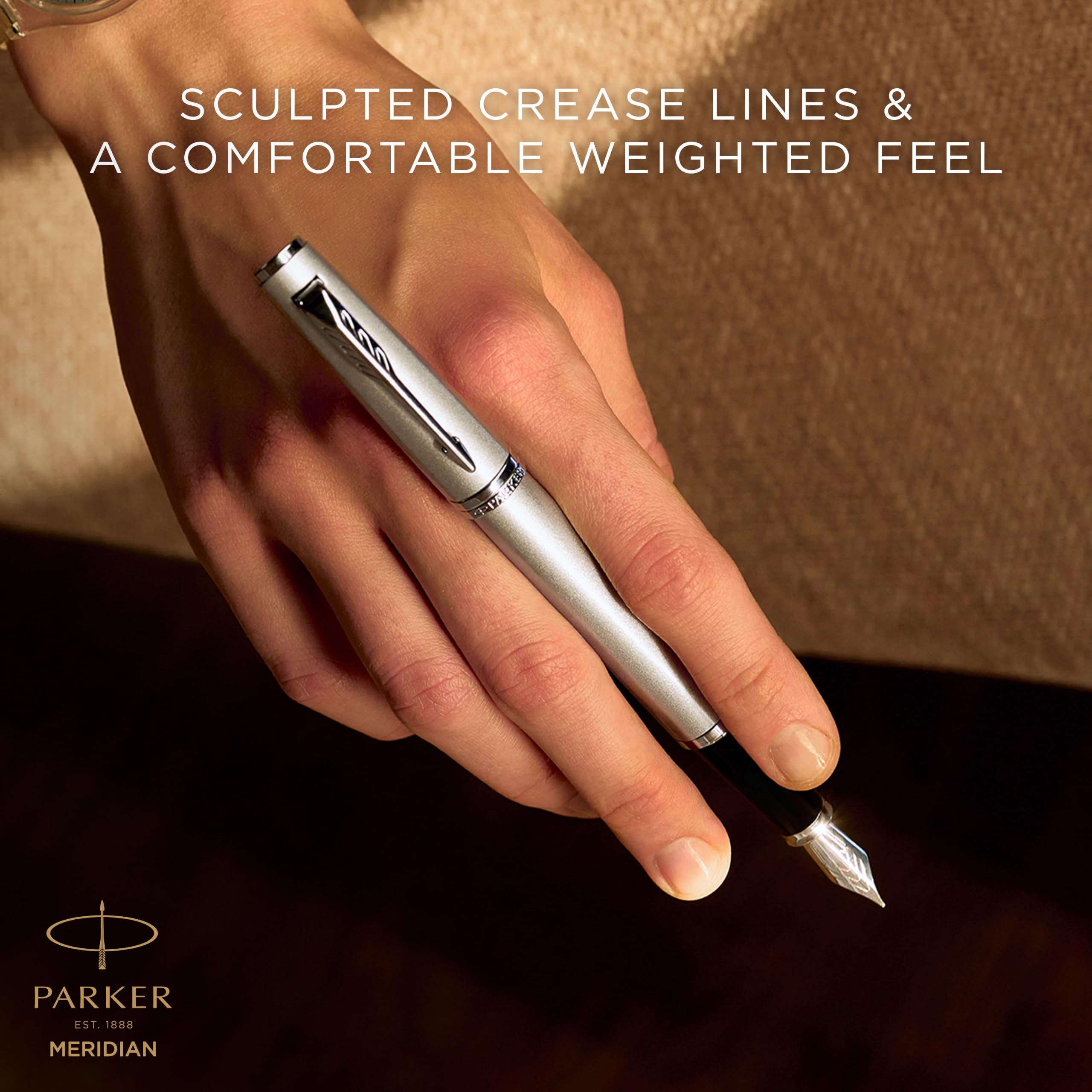 Parker Meridian Stylo plume | Laque chromée avec garnitures chromées | Plume moyenne | Stylos pour l'écriture et Fournitures de papeterie | Encre bleue | Boîte cadeau de luxe