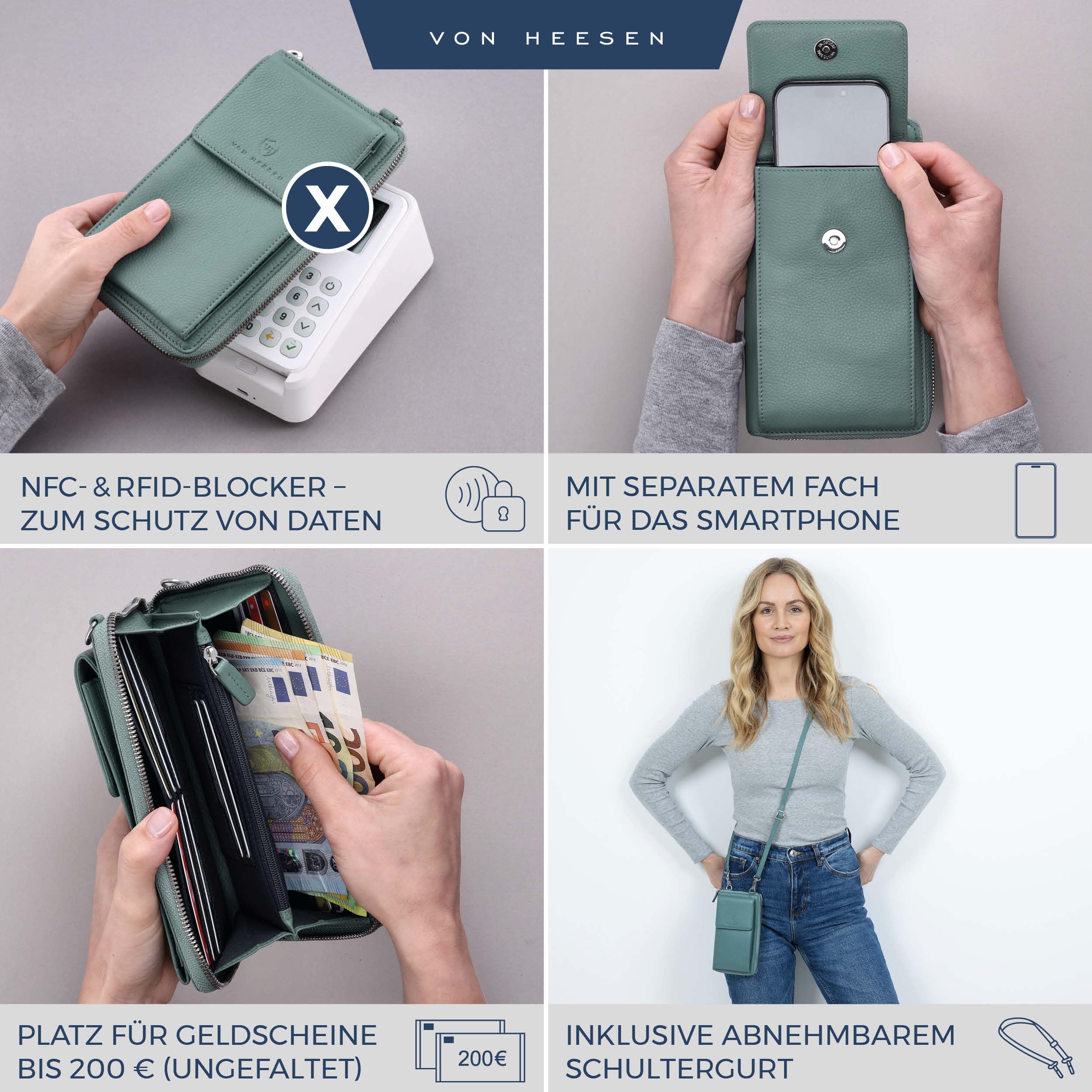 VON HEESEN Leder Handy-Geldbörse mit RFID-Schutz - Handytasche mit Portemonnaie für Damen & Herren aus echtem Leder - Wallet mit Münzfach - Geldbeutel für Frauen und Männer in Türkis (Silver Pine)