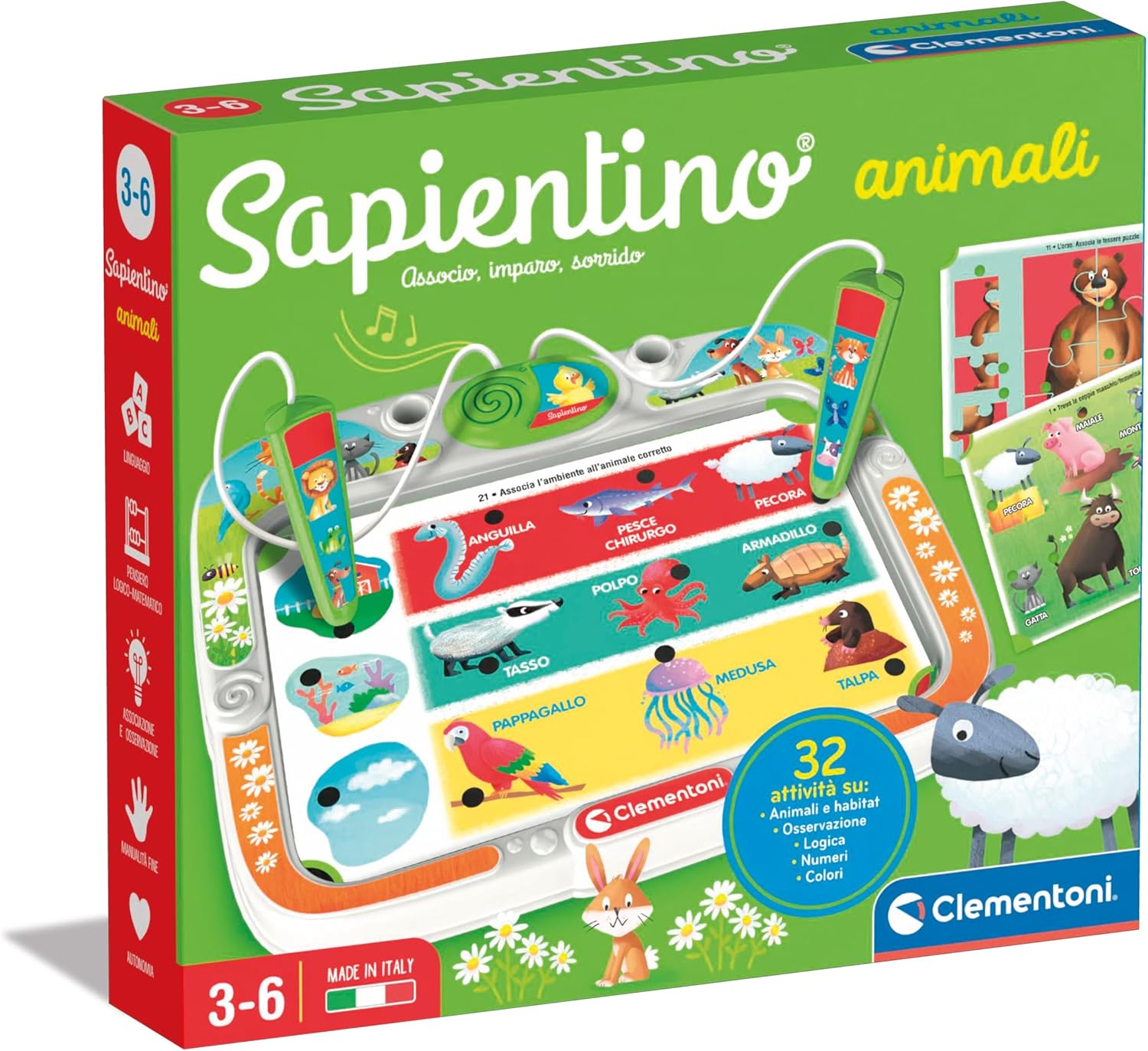Clementoni Sapientino Animals Talking Pen Educational Game for Children 3-6 Years with 16 Cards and More than 32 Activities to Discover the Animal World, Made in Italy, Italian