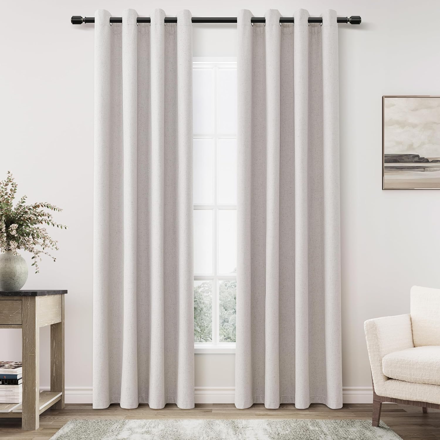Champagne Linen Blackout Curtains 84 Length 2 Panels Set for Living Room Bedroom, 100% Black Out Thermal Insulated Linen Drapes, Room Darkening Grommet Curtains 84 Inches Long, Champagne
