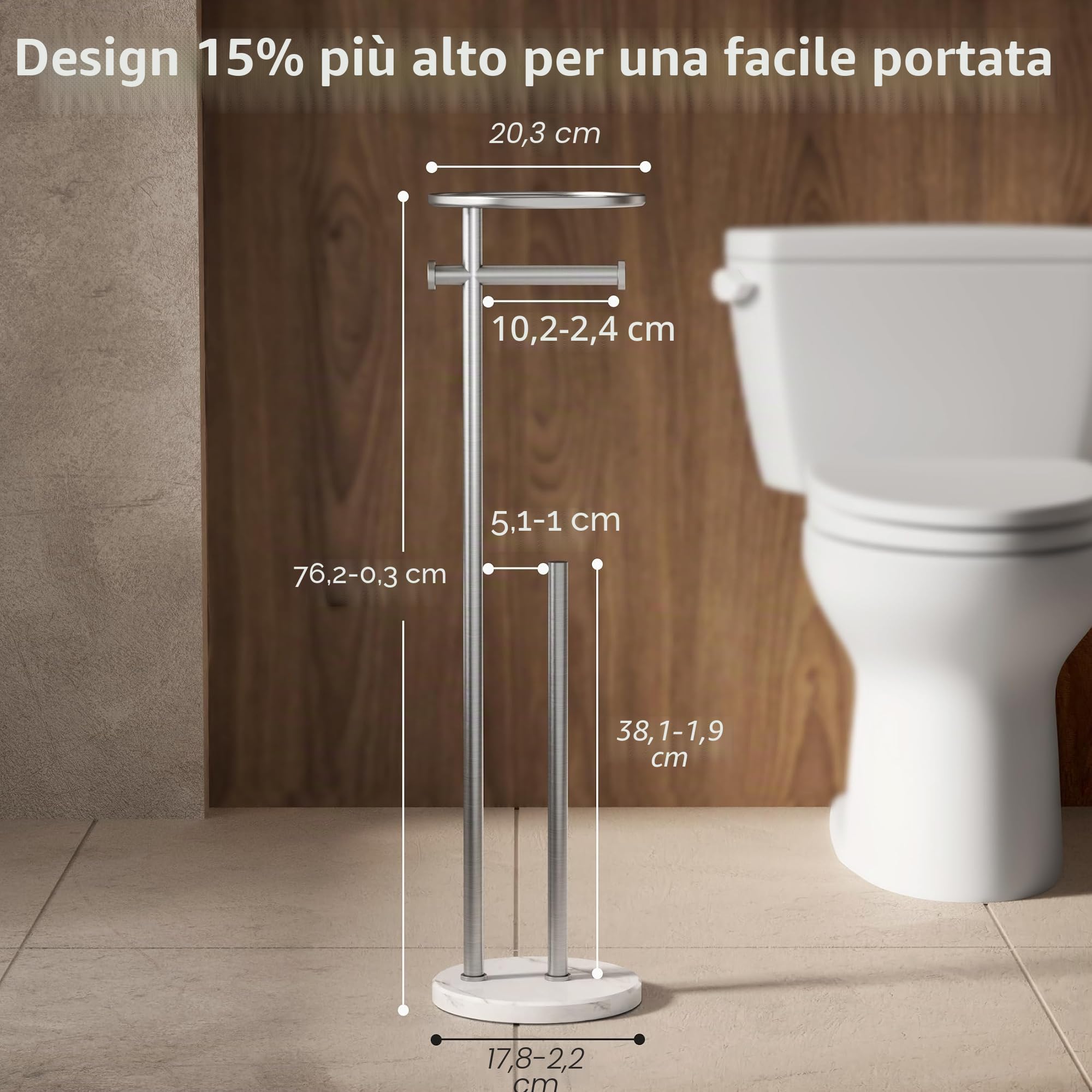 KES Porta Carta Igienica da Terra con Mensola, Portarotolo Carta Igienica Bagno con Portarotoli di Scorta, Acciaio Inox Satinato 18/8, Base in Marmo, Accessori Bagno BPH229-2