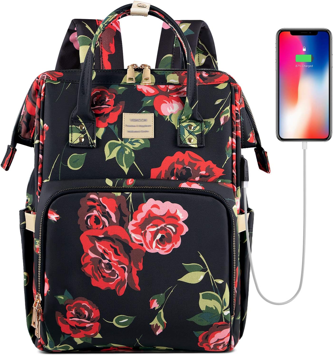 VSNOON Laptop Backpack,15.6 Inch Stylish Backpack with USB Port Charging, Water Resistant Casual Daypack Laptop Backpack for Women (Flower3)