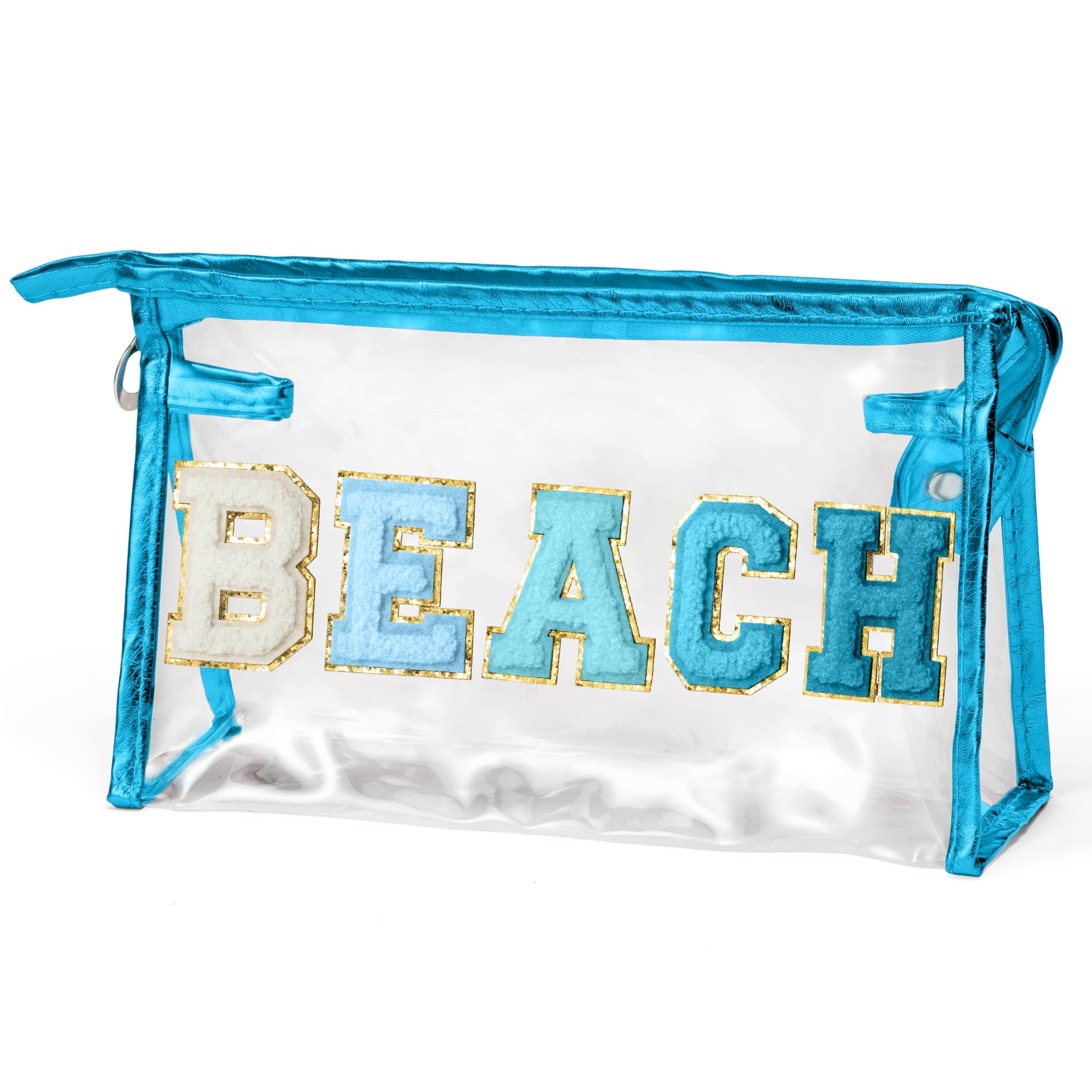 Belanttega Preppy Patch Cosmetic Bag - Summer Beach Chenille Varsity Letter Clear Makeup Bag Waterproof Portable Toiletry Kit Purse Travel Beach