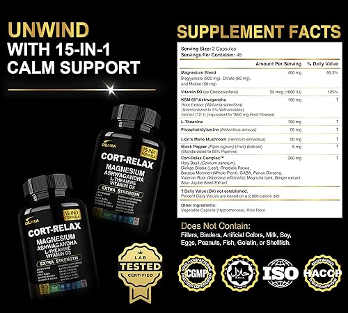 Miniatura 2 de DLNIA Suplemento de cortisol súper tranquilo con glicinato de magnesio, Ashwagandha - 90 unidades