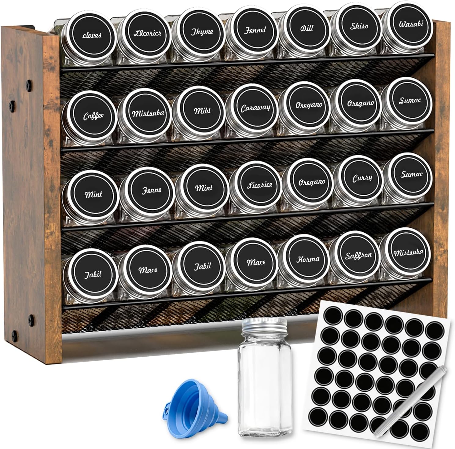 Spice Rack Organizer with 28 Glass Jars, for Cabinet Wall Mount Countertop