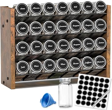 NESAPTO Spice Rack Organizer with 28 Glass Spice Jars, Wood 4-Tier Seasoning Organizer with Labels for Cabinet, Pantry, Countertop or Wall Mount, Chalk Marker and Funnel Set, 14" W 9.4" H