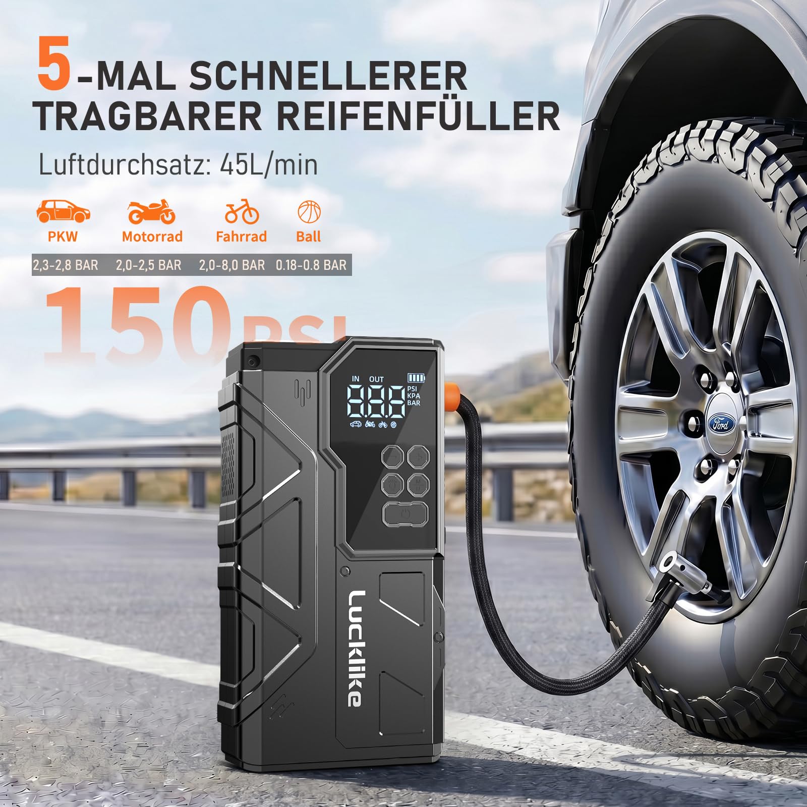 LUCKLIKE W210 Starthilfe Powerbank, 12V Jump Starter mit Luftkompressor | 7000A Tragbarer Booster Starthilfegerät für All Benzin/12.0L Diesel, 150PSI Luftpumpe, mit LED Taschenlampe Starterkabel