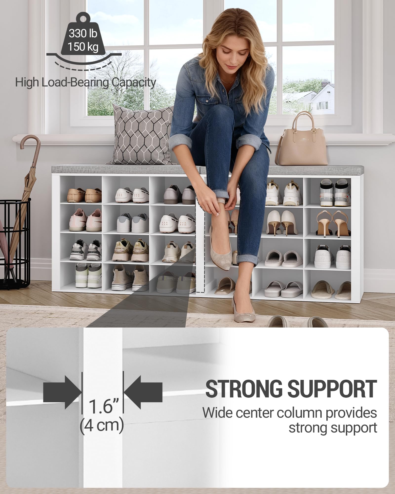 Hzuaneri Schuhbank, Schuhregal mit Sitzfläche, Schuhschrank mit Sitzbank, 24 Fächern, Eingangsbank Verstellbaren Ablagen für Wohnzimmer, Schlafzimmer, 30 x 150 x 60 cm, Weiß-Hellgrau SB32403GY