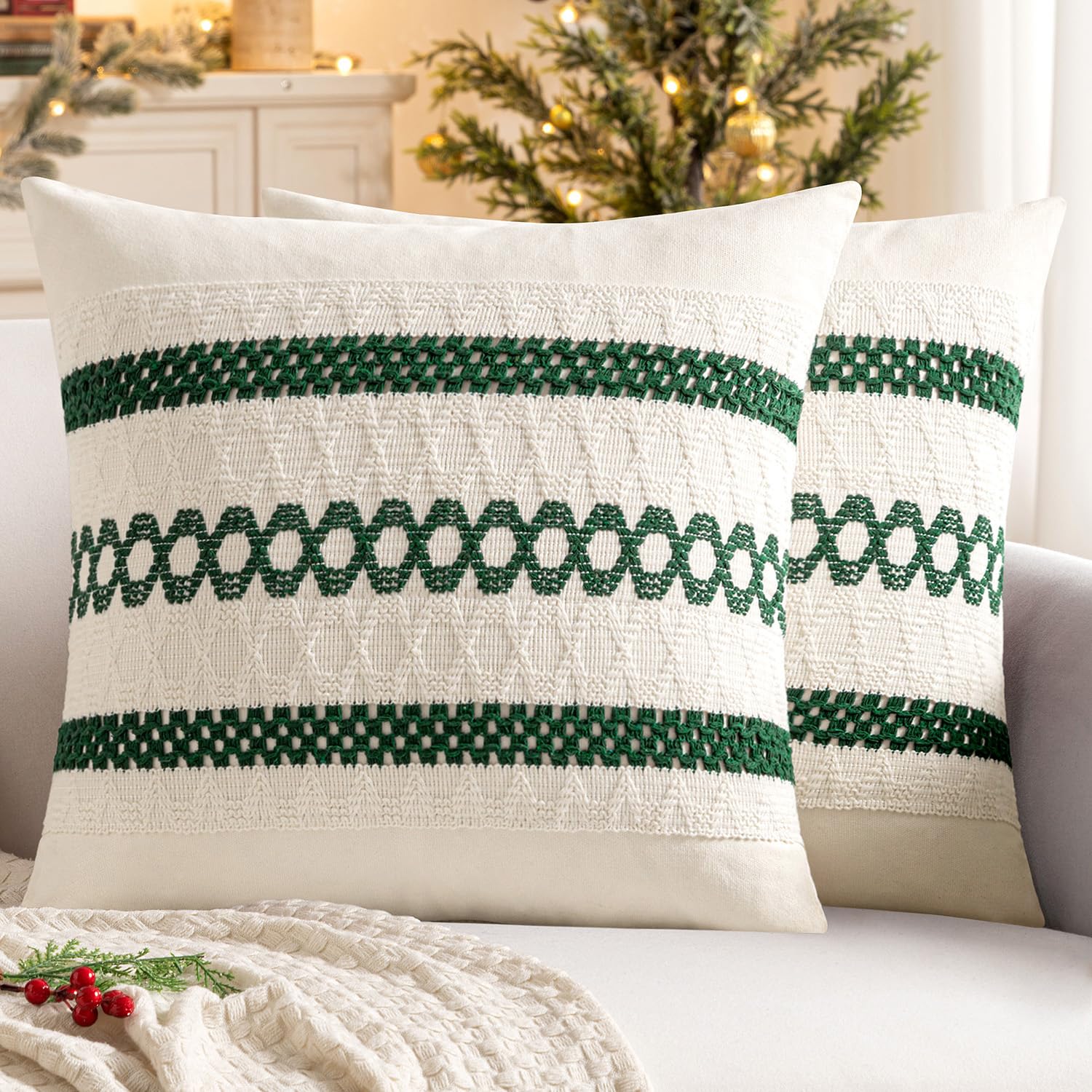 MIULEE Christmas Dark Green Boho Decorative Pillow Covers, 18x18