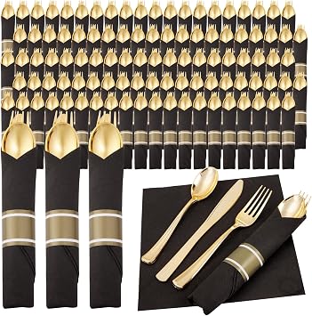 Supernal 120Pack Pre Rolled Black and Gold Plastic Silverware Set