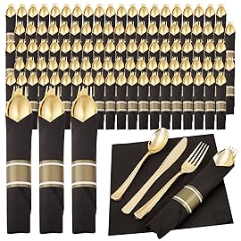 Supernal 120Pack Pre Rolled Silverware Set, Wrapped Disposable Silverware Set, Disposable Utensils Includes 120 Plastic Forks and Spoons, 120 Plastic Knives, 120 Napkins for Wedding, Birthday, Party