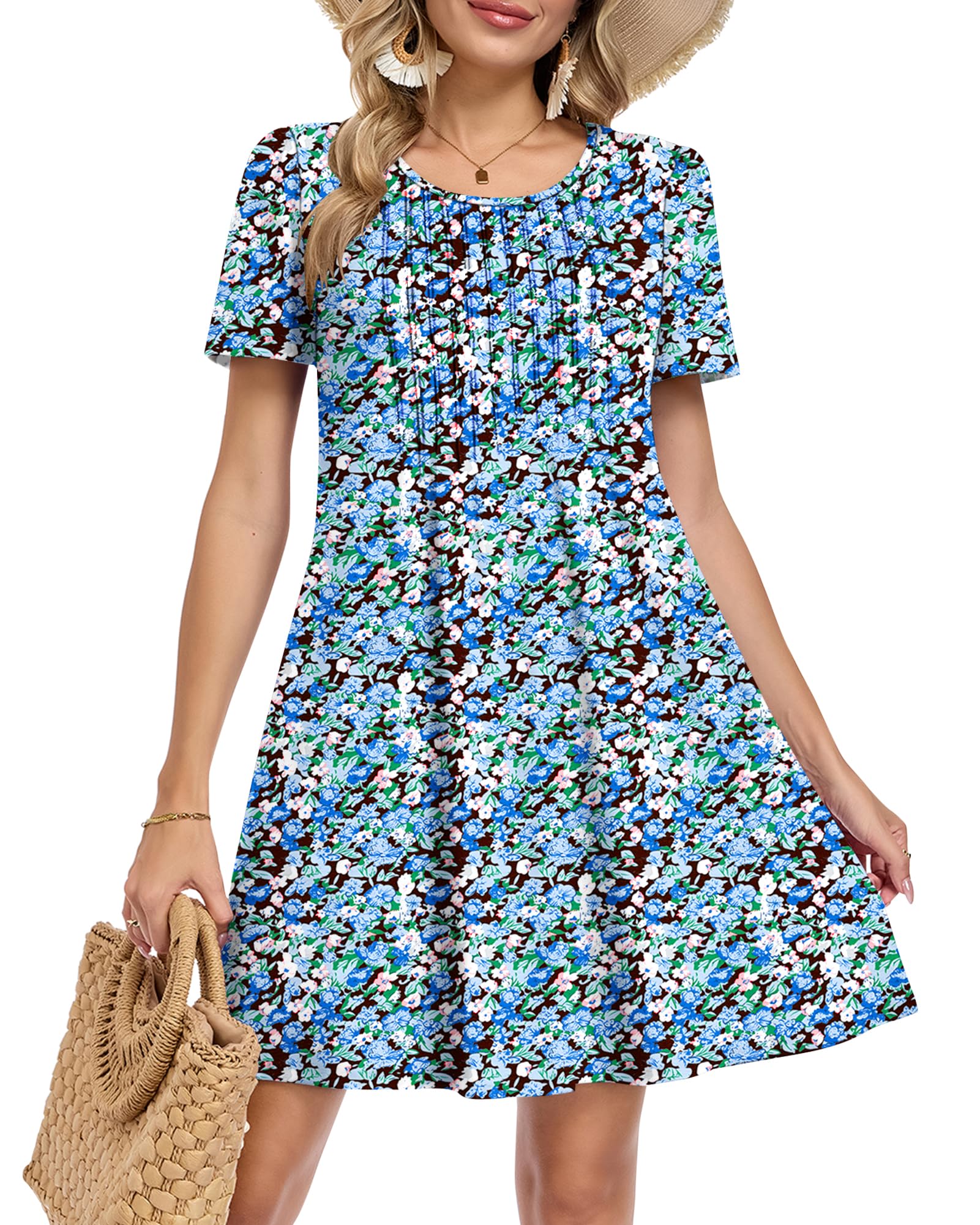 MOLERANI Women's Summer Short Sleeve Midi Dresses Round Neck Loose Beach Vacation Casual Dress with Pockets Blue Flower Sea 2XL