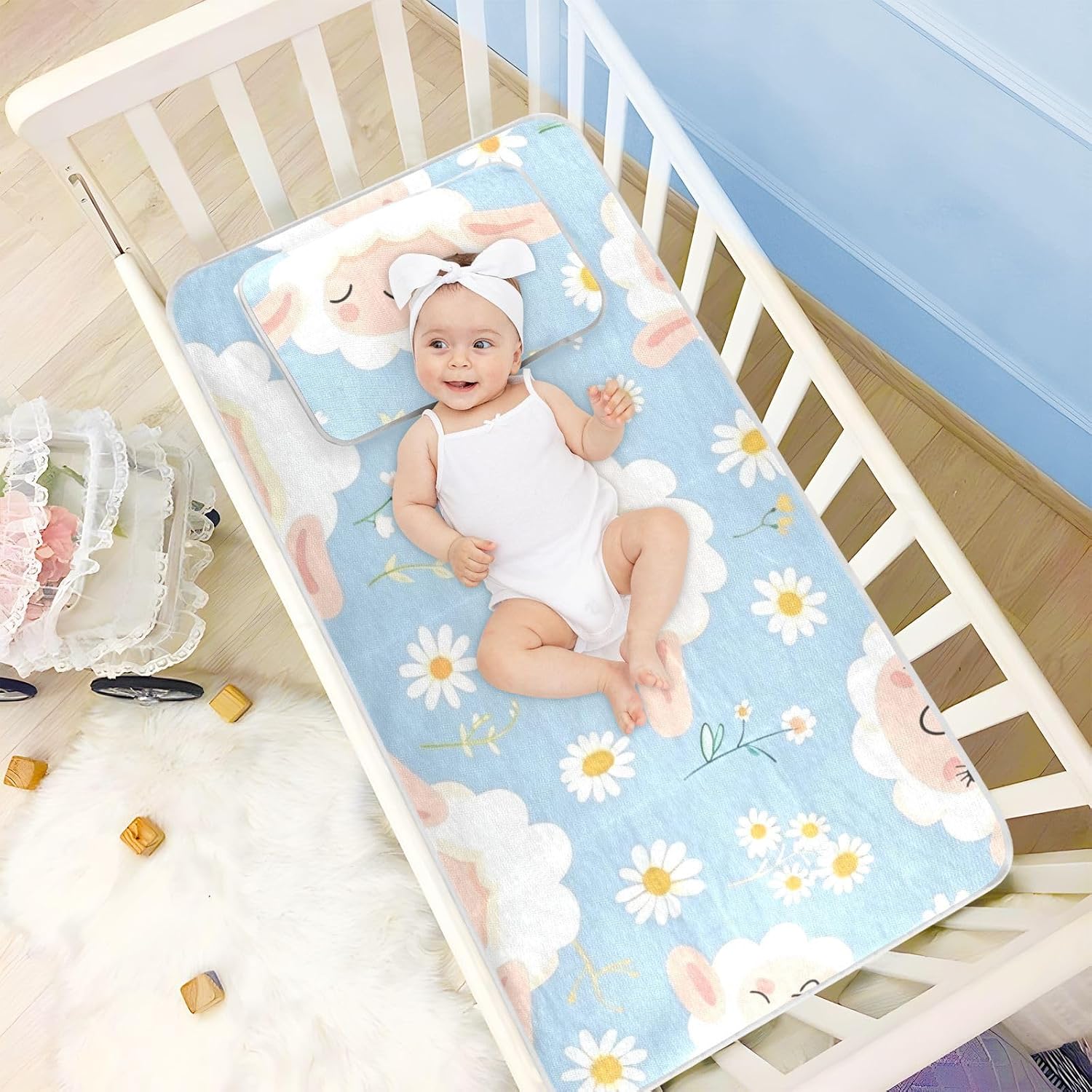 Blue Sleeping Sheep Cartoon Cooling Baby Mattress Topper 28" x 52" Reusable Mattress Protector Pads for Baby&Toddler