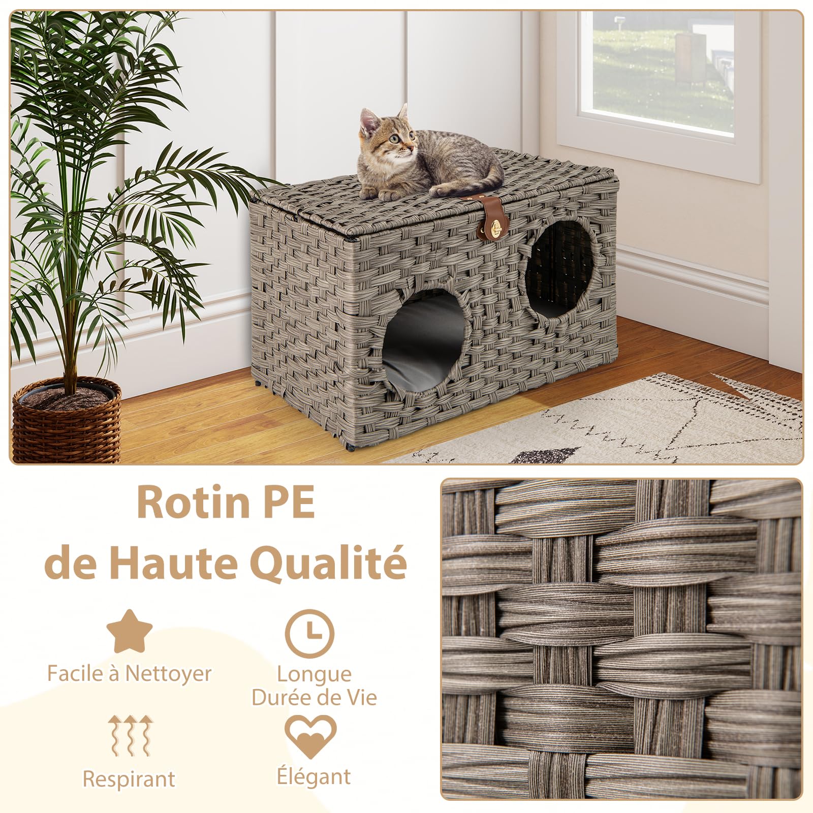 COSTWAY Niche Chat Pliable en Rotin PE, Maison pour Chat Interieur, Coussin Amovible, Couvercle Verrouillable, 2 Entrées, Pied Antidérapant, Meuble Chaton pour Salon Chambre, 60 x 35 x 35 cm