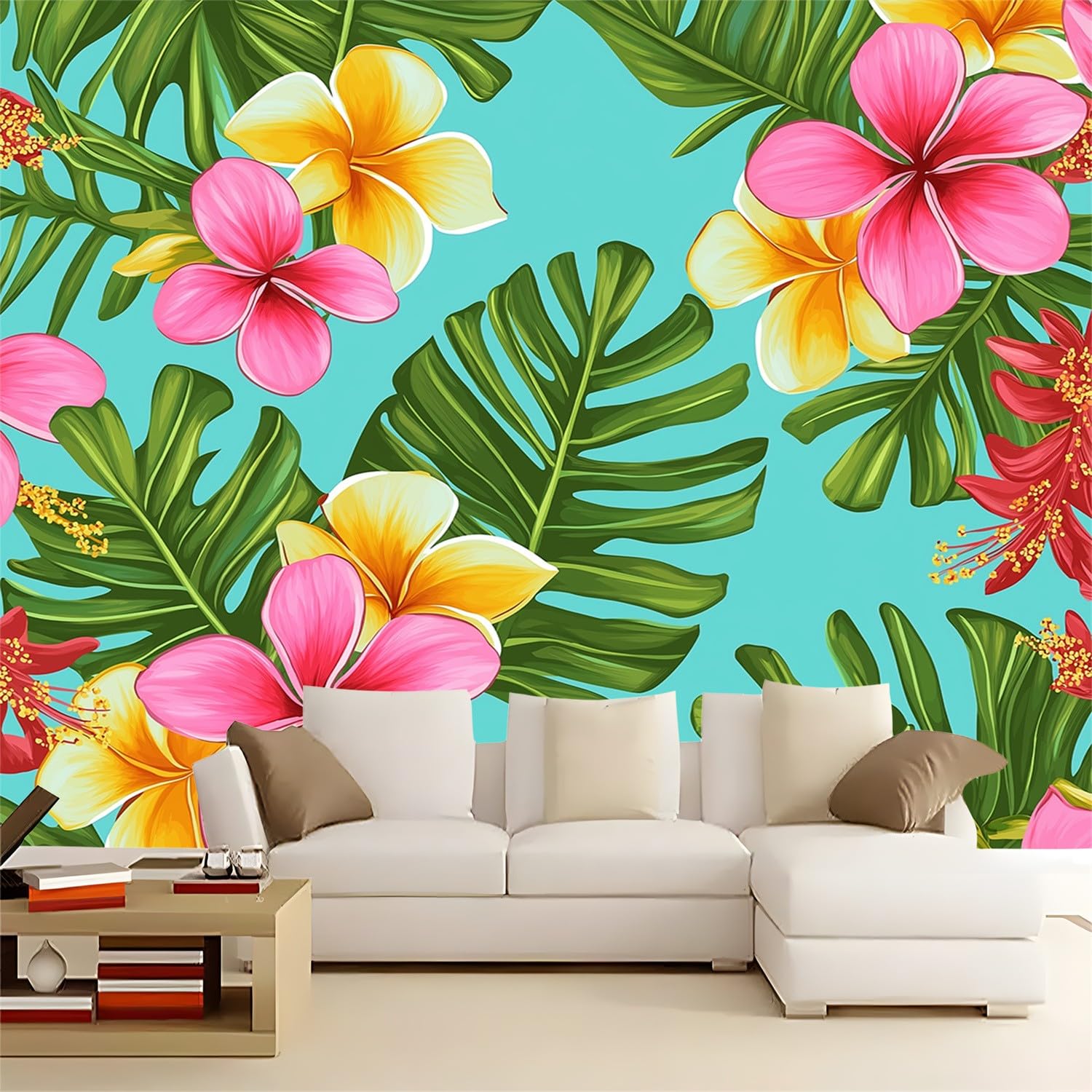 Tapeta jasnoniebieska, tapeta z włókniny, akwarela, botaniczne tropikalne kwiaty, wodoodporny papier kontaktowy do domowej szafki i dekoracji, tapeta 250 x 175 cm do salonu, sypialni, kuchni,