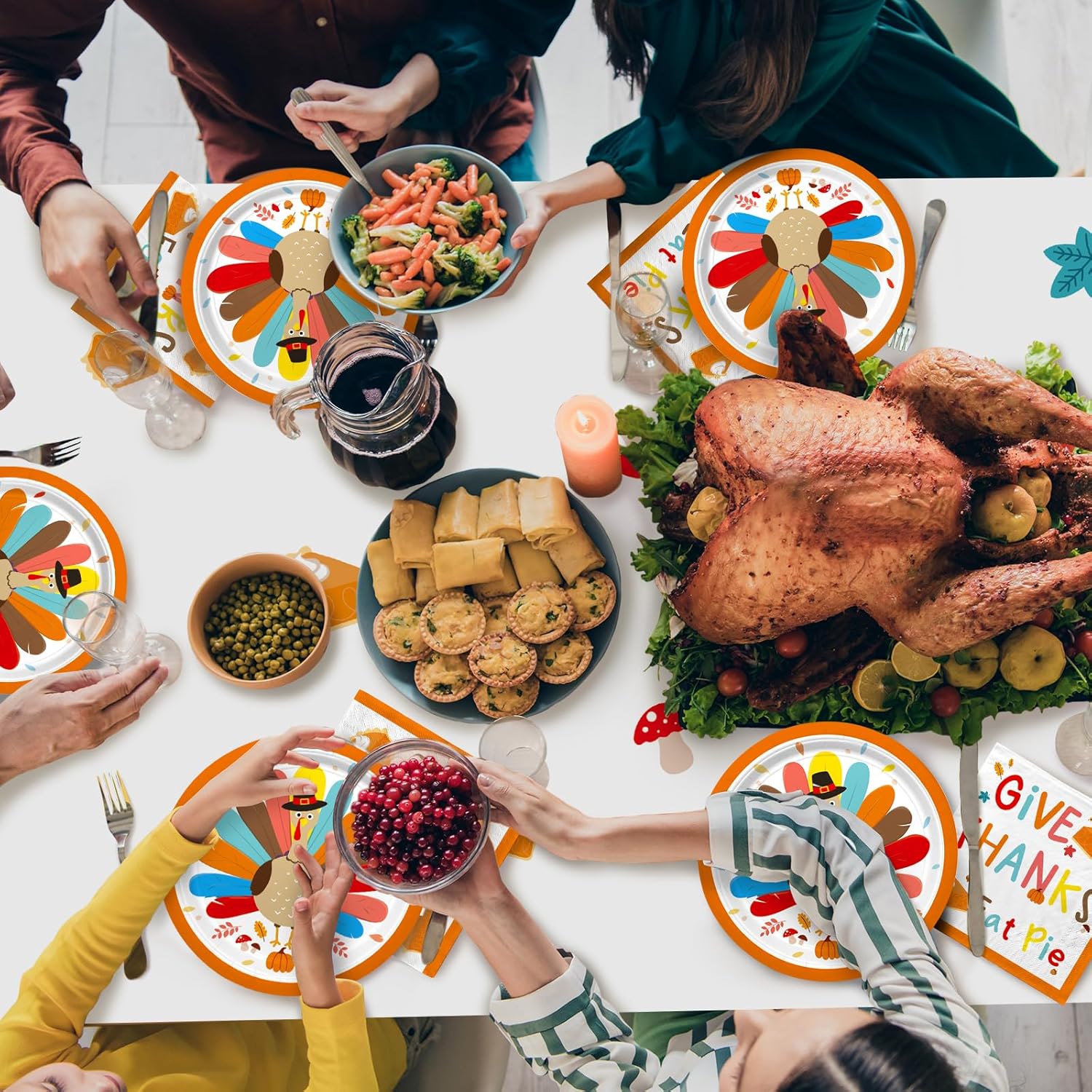 Turkey Thanksgiving Party Supplies Kit - Includes Autumn-Themed Disposable Dinnerware: Dinner & Dessert Plates, Napkins, Cups, Banner and Tablecloth for Thanksgiving Party Decorations, Serves 25