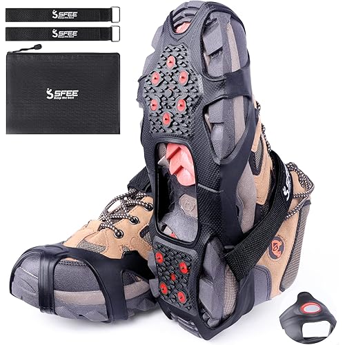 Sfee Crampons Ice Cleats, V3 Tungsten Ice Cleats for Shoes and Boots Crampons for Hiking Boots Ice Cleats for Women Men Kids Traction Cleats for Walking on Snow Ice Grips for Fishing, Walking, Running